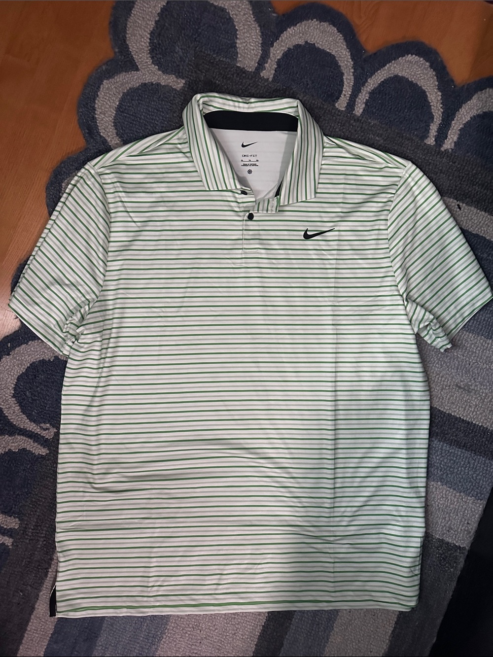 Nike White and Green Striped Men’s Dri-Fit Polo